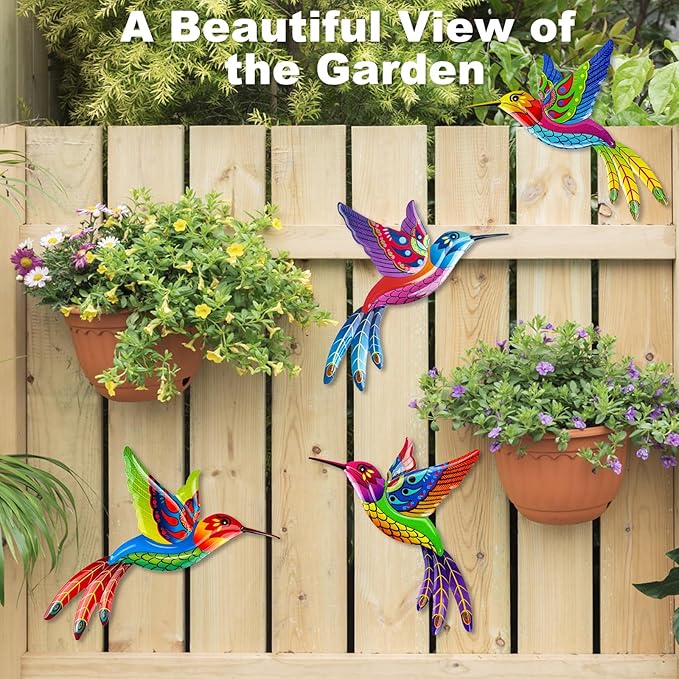 ULENDIS 4 Pack Metal Hummingbird Wall Art Outdoor Decor, 3D Colorful Outdoor Wall Art Fence Decorations for Patio and Yard, Wall Sculpture Hanging Decor for Garden Living Room Balcony