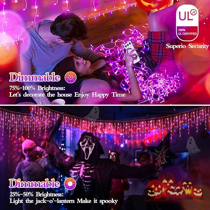 480 LED 49FT Halloween Lights Plug in 8 Modes with Timer Dimmable Halloween Decorations Outdoor Waterproof Indoor Curtain String Lights for Roof Porch Garden Holiday Wedding Party Decor Orange+Purple