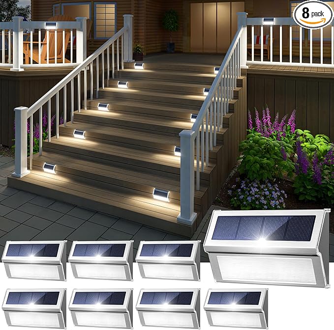 JSOT Solar Step Stair Lights Outdoor Yard Decor 8 Pack, 9LED Deck Lighting for Outside Solar Powered - IP55 Waterproof, Solar Garden Light Decor for Fence, Backyard, Front Porch Step, Wall, Patio