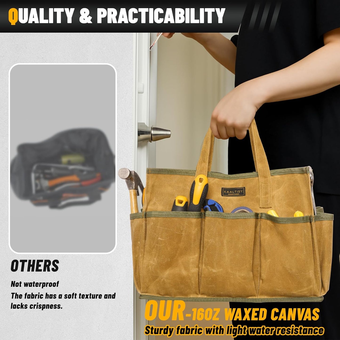 16OZ Waxed Canvas Tool Tote Bag | Large-Capacity Tool Storage Tote with 10 External Pockets | Multi-Purpose Garden Tool Carrier for Gardening, Wrench, and Carpentry Tools – Khaki