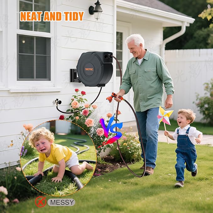 NEOTEC Retractable Garden Hose Reel 5/8 inch x 90ft - Wall Mounted Heavy Duty Hose Reel with 3/4 Inch Brass Fittings & 9-Pattern Nozzle - Auto Rewind System, Any Length Lock, 180° Swivel Bracket