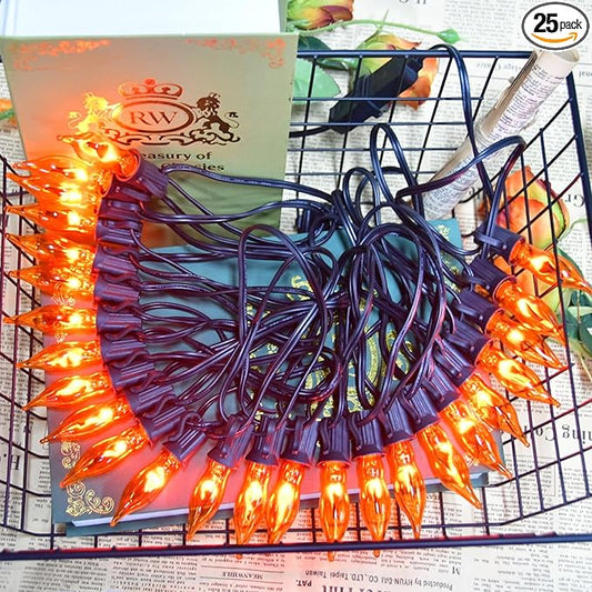 27.8Ft Flickering Flame String Lights Orange Halloween Lights with 25 Pack C7 Orange Flame Light Bulbs, Orange Flame String Lights for Halloween Decorations for Home Party Yard (2 Spare Bulbs)
