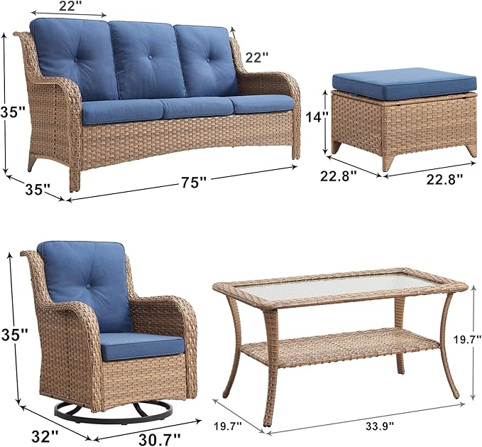Outdoor Wicker Patio Furniture Set - 6 Piece Rattan Patio Conversation Set with 2 Rocking Swivel Chairs,2 Ottomans,1 Sofa and 1 Coffee Table for Porch Deck Backyard Garden(Yellow/Blue)