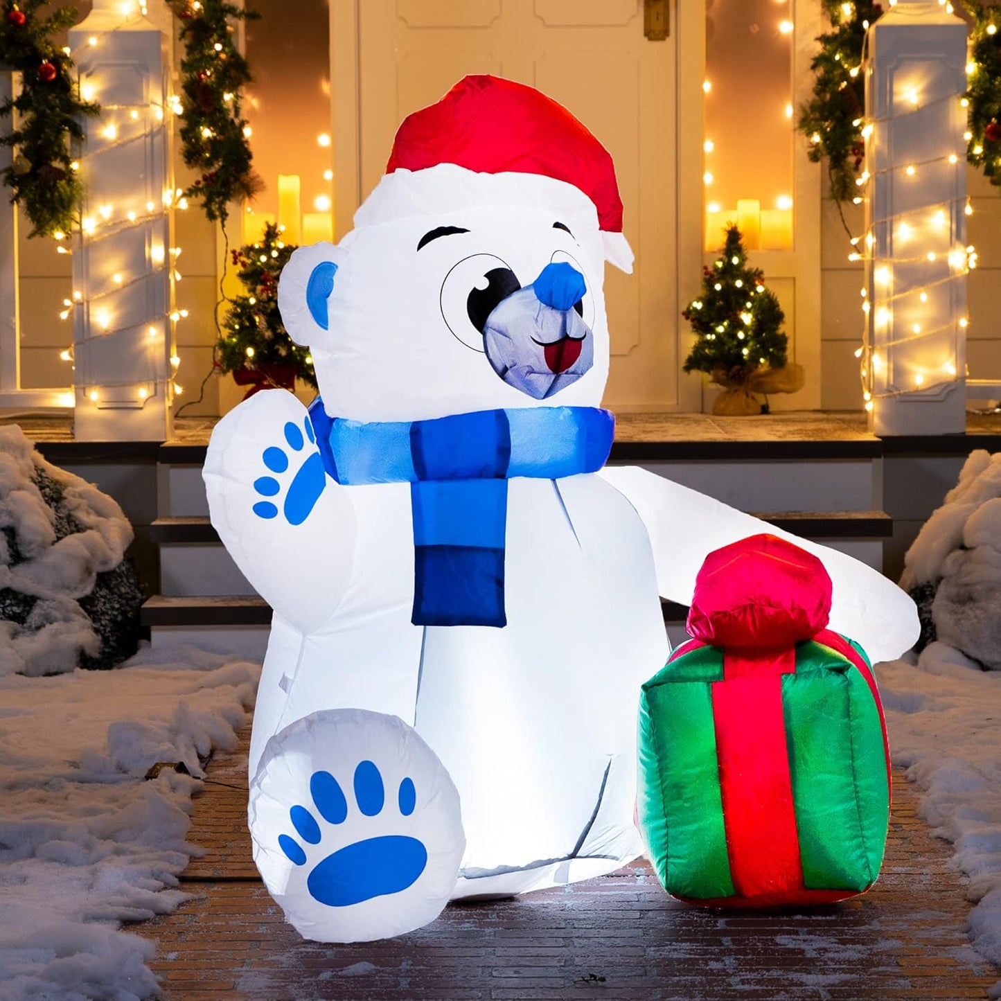 Joiedomi 4 ft Christmas Inflatable Polar Bear with Gift Decoration, Blow Up Polar Bear with Build-in LEDs for Xmas Yard Decoration Holiday Indoor Outdoor Garden Lawn Party Favor Holiday Supplies Décor