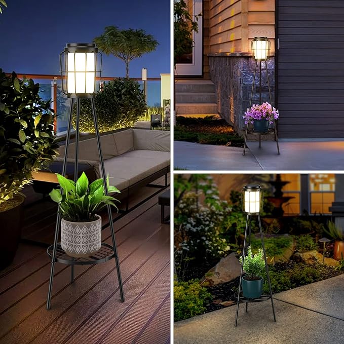 2 Pack Solar Lights Outdoor with Plant Stands, Solar Floor Lamp, Solar Powered Street Lights Metal Tripod Deck Lights, Patio Decor for Garden Yard Pathway Driveway Porch