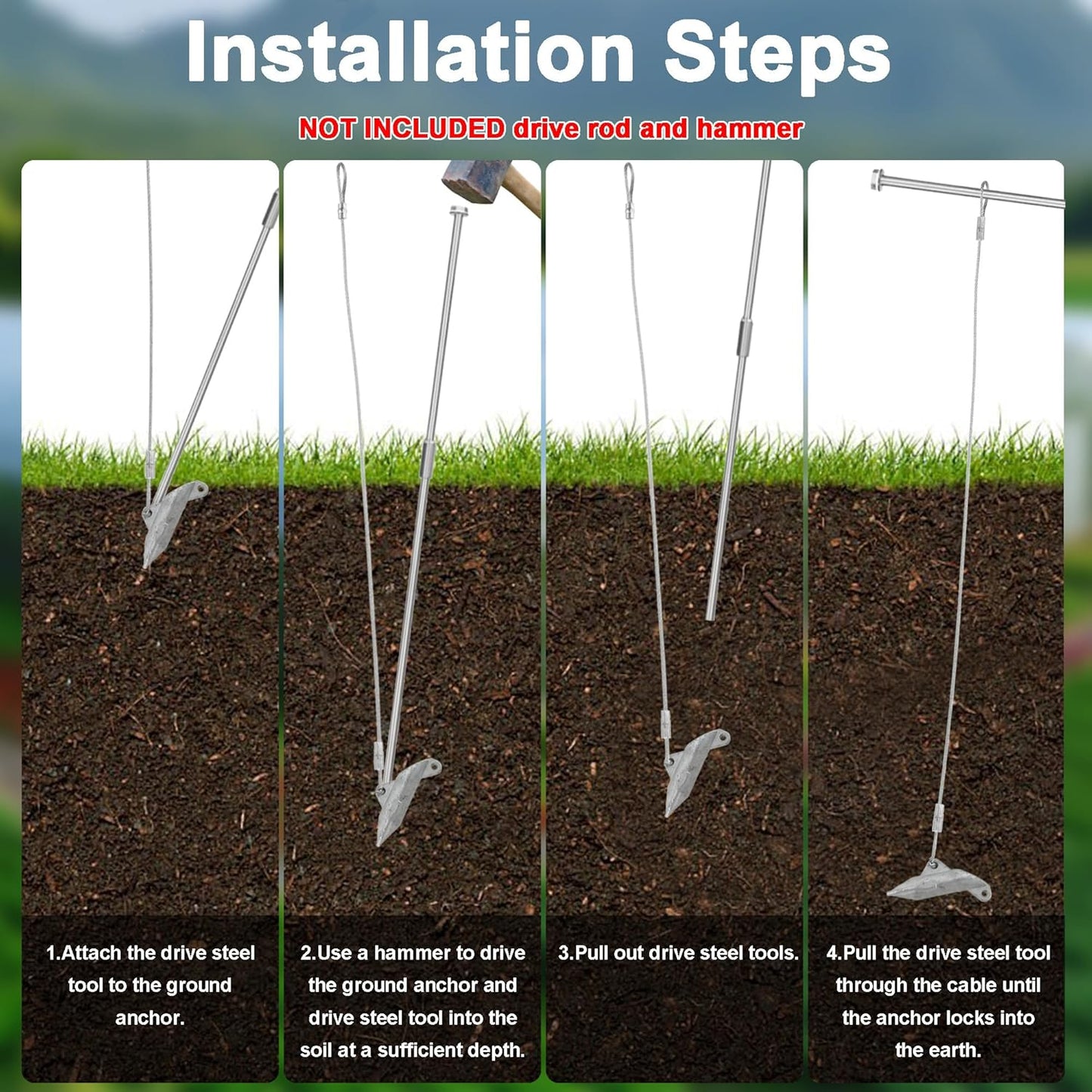 (12 Pack) Drive-In Ground Earth Anchors with 30inch Cable, Earth Anchor Heavy Duty for High Winds, Easy Hook Anchor for Fixing Shed, Carports, Tent, Swing Set, Greenhouse, Gazebo. (30inch - 12pcs)