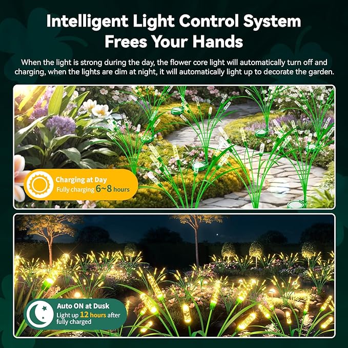 4 Packs Reeds Solar Garden Light, 30 Inch Garden Solar Light with 24 Bulbs, Intelligent Light Control System, IP65 Waterproof, Outdoor Solar Light for Decorating Yard, Pathway(Warm Color)