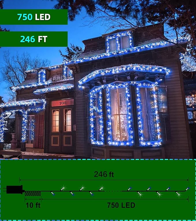 750 LED 246FT Christmas Lights Outdoor, Super Long Waterproof Christmas String Lights with 8 Modes, Christmas Tree Lights with Timer Memory for Fence Garden Xmas Wedding Party Decor Blue & Cool White