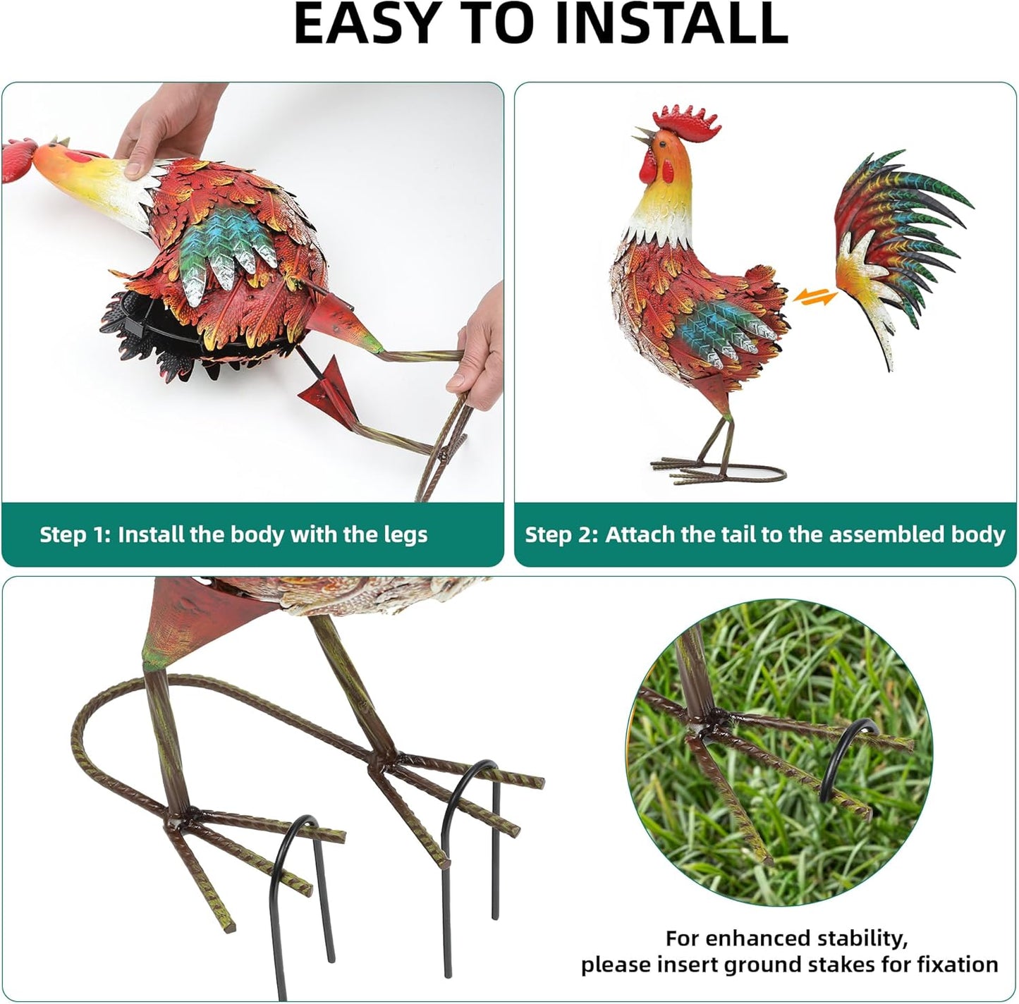 21in Metal Rooster Yard Decor, Outdoor Garden Statues, Metal Chicken Sculpture for Backyard Garden Patio Kitchen Décor