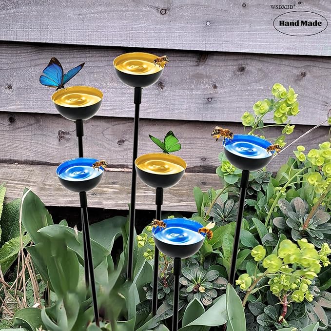 2 Pack Bee Cups For Garden, Bee Waterer And Butterfly Water Stations, Bee Water Catcher Cups For Thirsty Pollinators, Bee Bath, Colorful Metal Garden Sculpture Stakes Decor, Bee Houses For The Garden