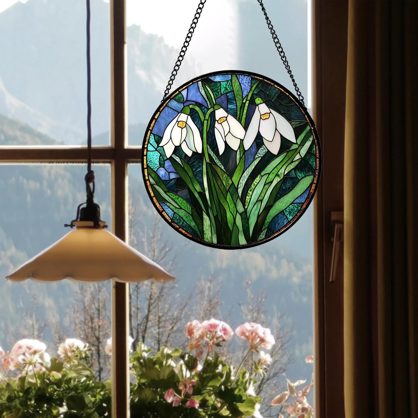 Stained Glass Window Hanging - Green Plants Birth Flowers Suncatcher for Doors Garden Patio Sun Catchers Decor Christmas Mother's Day Birthday Gifts for Women Men Mom Nana Friend 6.3 in