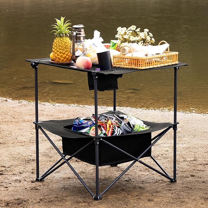 Folding Camping Table, Portable Outdoor Picnic Table, Rectangular Lightweight Camp Table with Storage, Cup Holder and Carry Bag for Barbeque Beach Camping and Tailgate