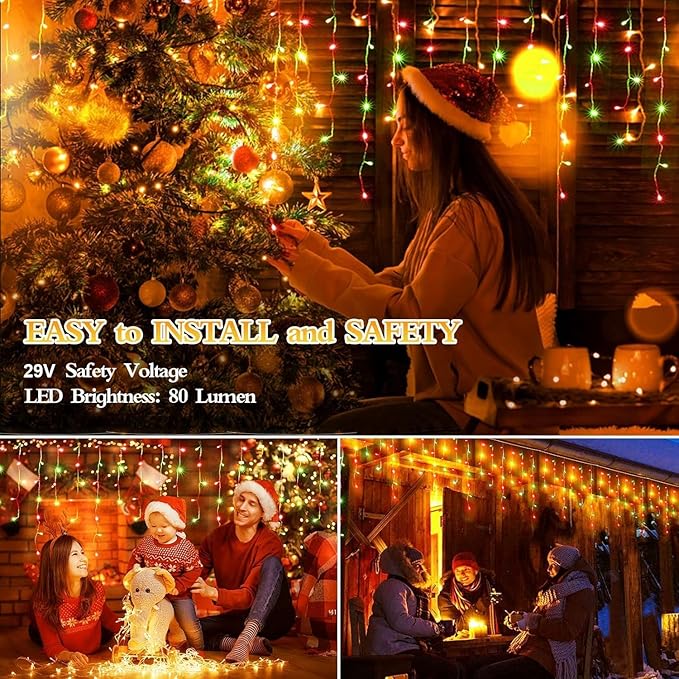 480 LED 49FT Christmas Lights Plug in 8 Modes with Timer Dimmable Christmas Decorations Outdoor Waterproof Indoor Curtain String Lights for Roof Porch Garden Holiday Wedding Party Decor Red + Green