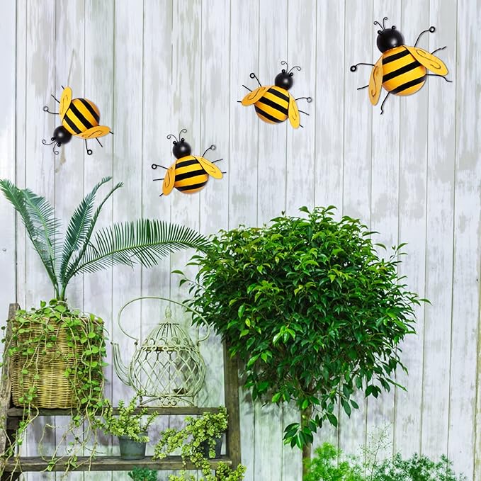 MorTime 4 Pack Metal Bee Wall Art Sculptures Garden Decorations, Hanging Bee Wall Decor Indoor Outdoor Garden Yard Lawn Decor