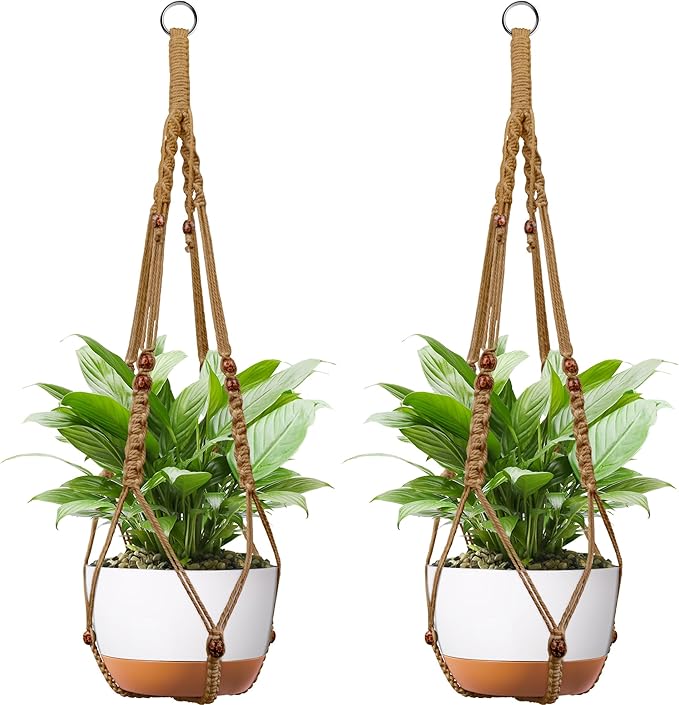 43 Inch Macrame Plant Hanger - Fits 6-15 Inch Pots, Extra Long Hanging Planter Holder for Indoor Outdoor, with Red Wood Beads, Boho Home Decor, 2 Pack, Brown (POTS NOT Included)
