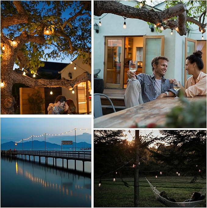 48ft LED Outdoor String Lights with 15+1(Spare) 1W Shatterproof Bulbs, Black Waterproof IP65 Connectable Outdoor Decorative Lights for Garden Patio Cafe Bistro Backyard Porch, UL Listed