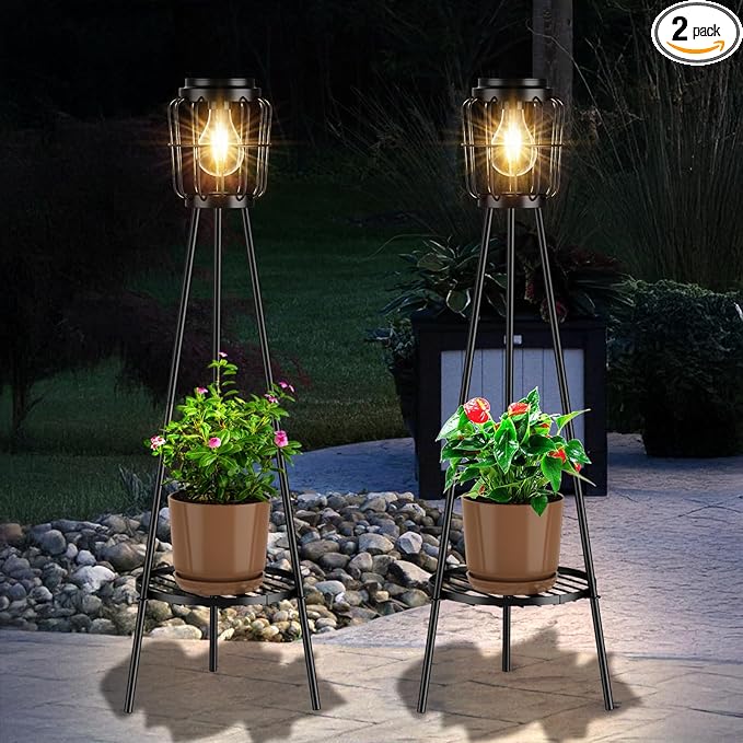 2 Pack Solar Lights Outdoor with Plant Stands, Solar Floor Lamp with LED Edison Bulbs for Garden Yard Pathway Driveway Front/Back Porch Decoration