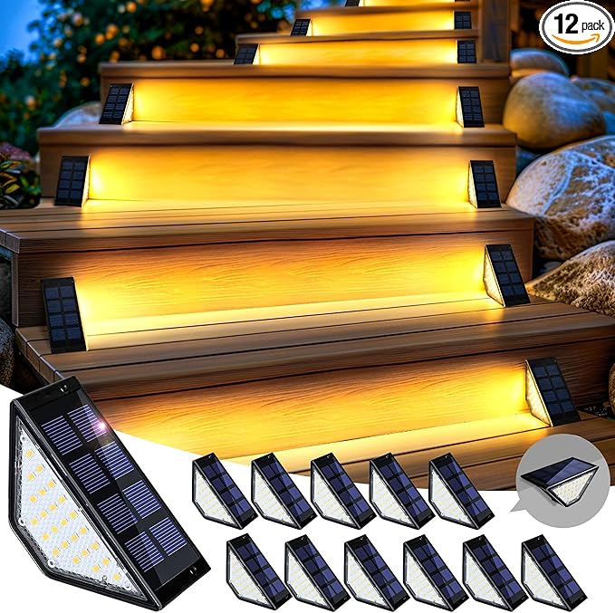 SOLPEX Solar Step Lights for Outside, 24 LEDs Solar Stair Lights Outdoor Waterproof Decor for Porch, Front Door, Stair, Step, Deck, Fence, Balcony, Patio, Wall, Yard, Garden(12 Pack, Warm White)