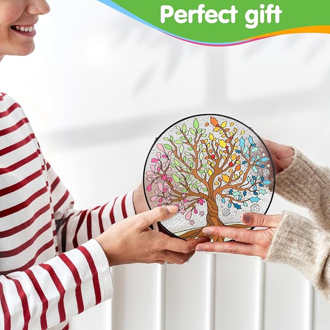 Tuitessine Big Size Tree of Life Stained Glass Suncatcher Four Season Theme Colorful Leaves Wall Window Hanging Ornament Hand-Painted Glass Panel Gift for Women Christmas Thanksgiving Gift 7.9 × 7.9”