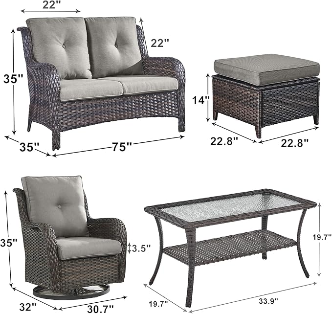 Outdoor Wicker Patio Furniture Set - 6 Piece Rattan Patio Conversation Set with 2 Rocking Swivel Chairs,2 Ottomans,1 Loveseat and 1 Coffee Table for Porch Deck Backyard Garden(Brown/Grey)
