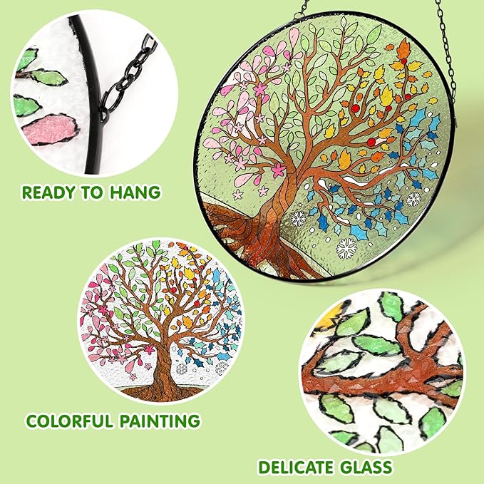 Tuitessine Big Size Tree of Life Stained Glass Suncatcher Four Season Theme Colorful Leaves Wall Window Hanging Ornament Hand-Painted Glass Panel Gift for Women Christmas Thanksgiving Gift 7.9 × 7.9”