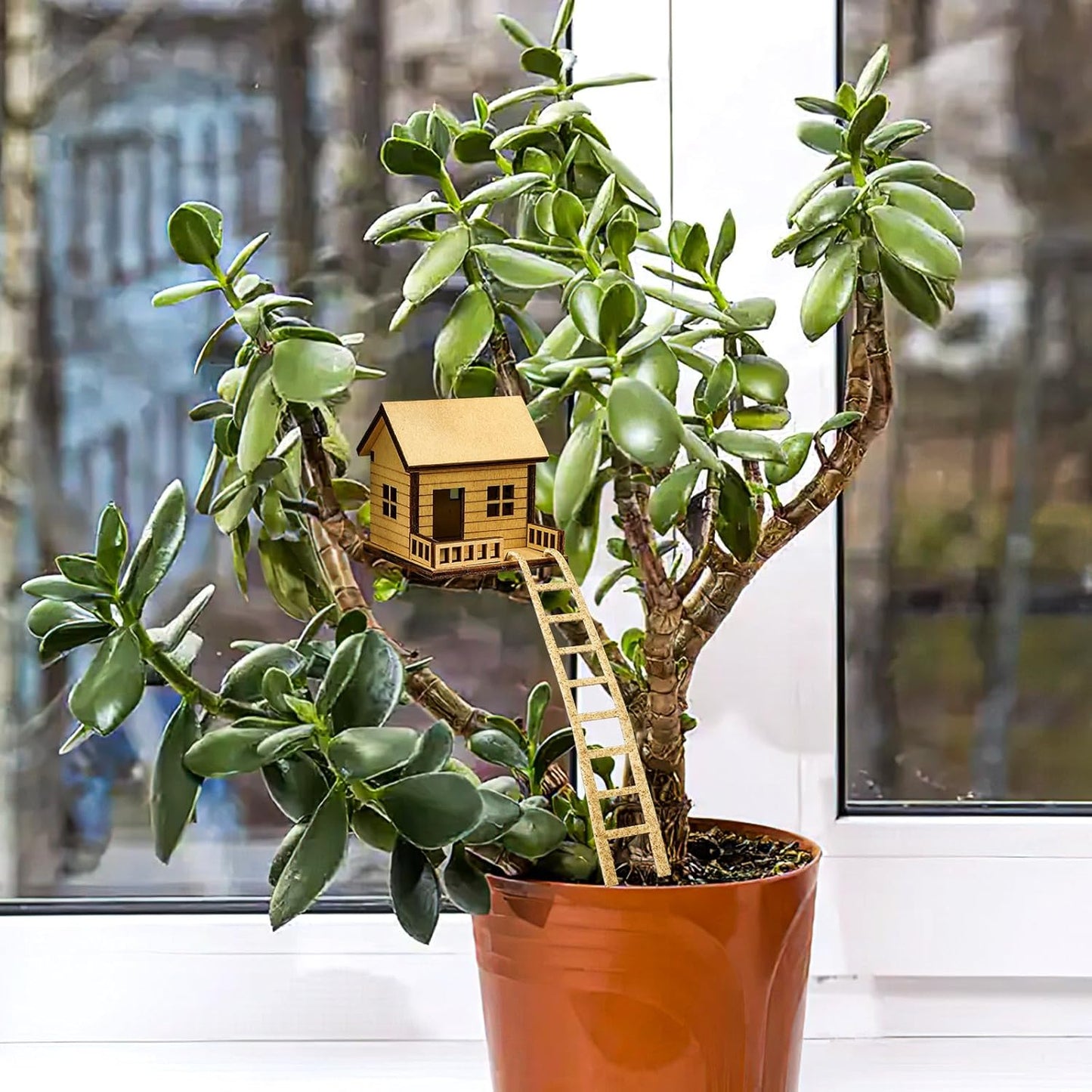 Mini Wooden Treehouse with Ladder – Plant Mini Treehouse, Miniature Flower Pot Tree House, Fairy Garden House, Rustic Log Cabin Desktop Ornament