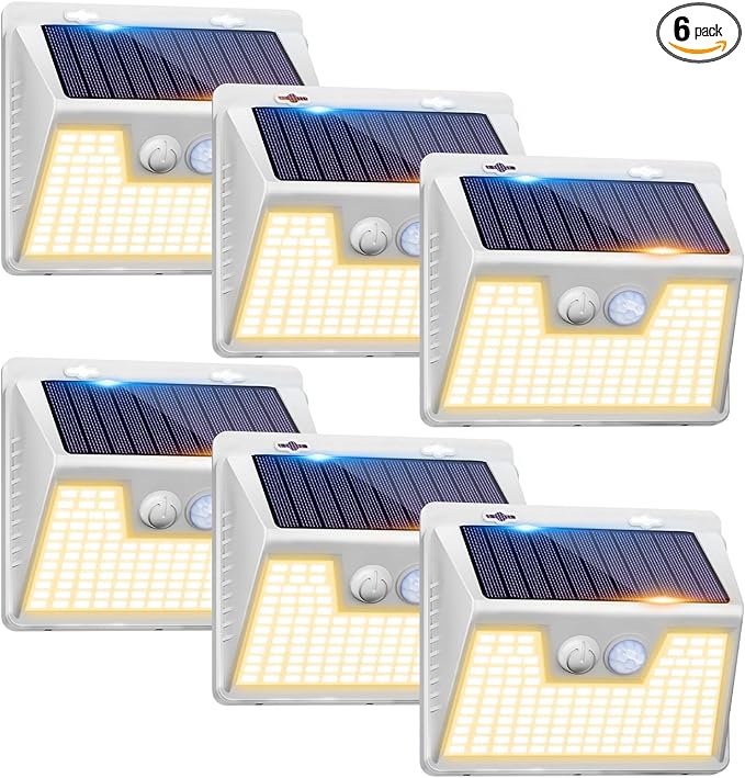 Peasur Solar Lights Outdoor Motion Sensor Waterproof, 6Pack 140LED White Solar Powered Fence Lights, 3 Modes Security Wall Lights for Garden Yard Outside Warm