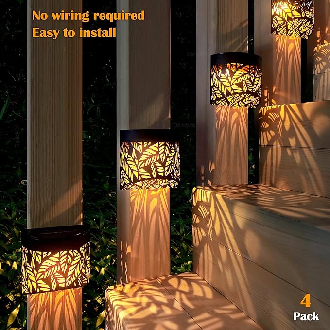 DenicMic Solar Wall Lights Outdoor 4 Pack Fence Solar Lights Led Waterproof Deck Lighting for Patio Pool Step Front Door, Metal Leaf Fence Decoration, Warm White/Color Changing