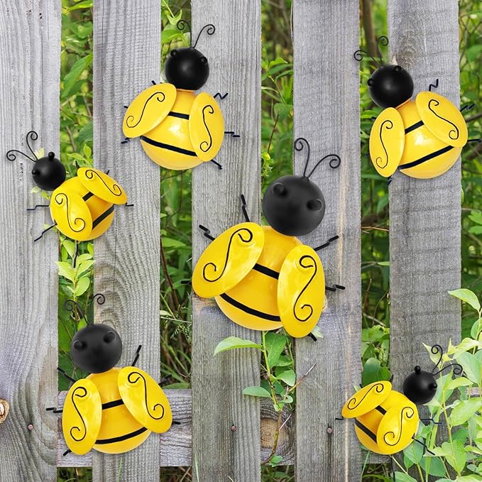 Metal Outdoor Wall Art Decor, 6 PCS Bumble Bee Decor, Fence Decorations, Outdoor Metal Garden Decor, Wall Art for Yard Art, Home