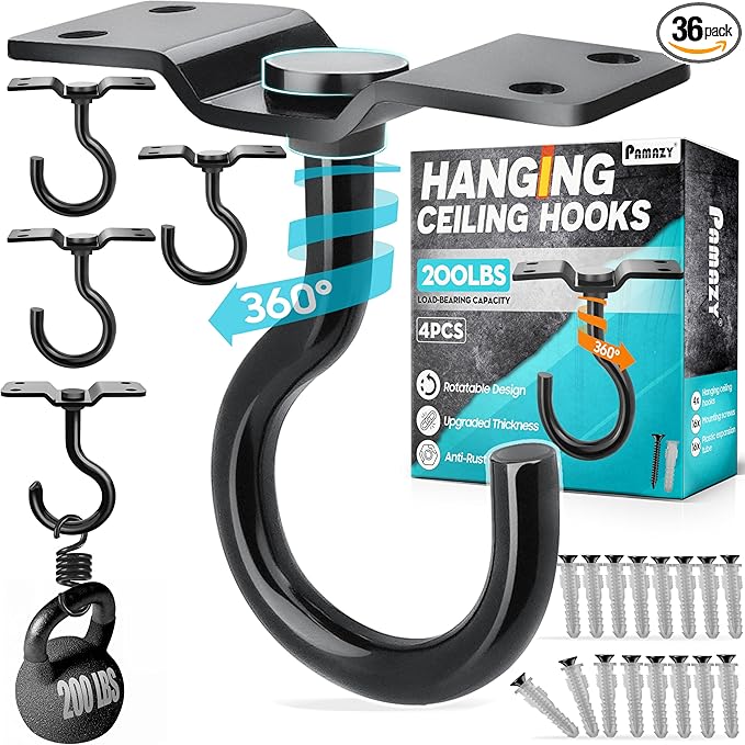 [UPGRADED] 4Pcs 200LBS Rotatable Ceiling Hooks with 4 Screw Points Base, Wall Mount Metal Hanger Black Ceiling Hook for Hanging Plant, Bird Feeder, Lights, Bed Canopy, Wind Chime, Indoor Outdoor Decor