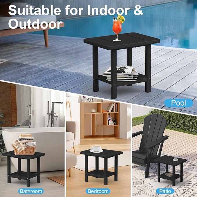 Outdoor Side Table - 2-Tier Storage All Weather Outdoor End Table for Patio - HDPE Morden Easy Maintenance Adirondack Side Table for Pool Porch Balcony Garden Lawn Backyard Outside Indoor