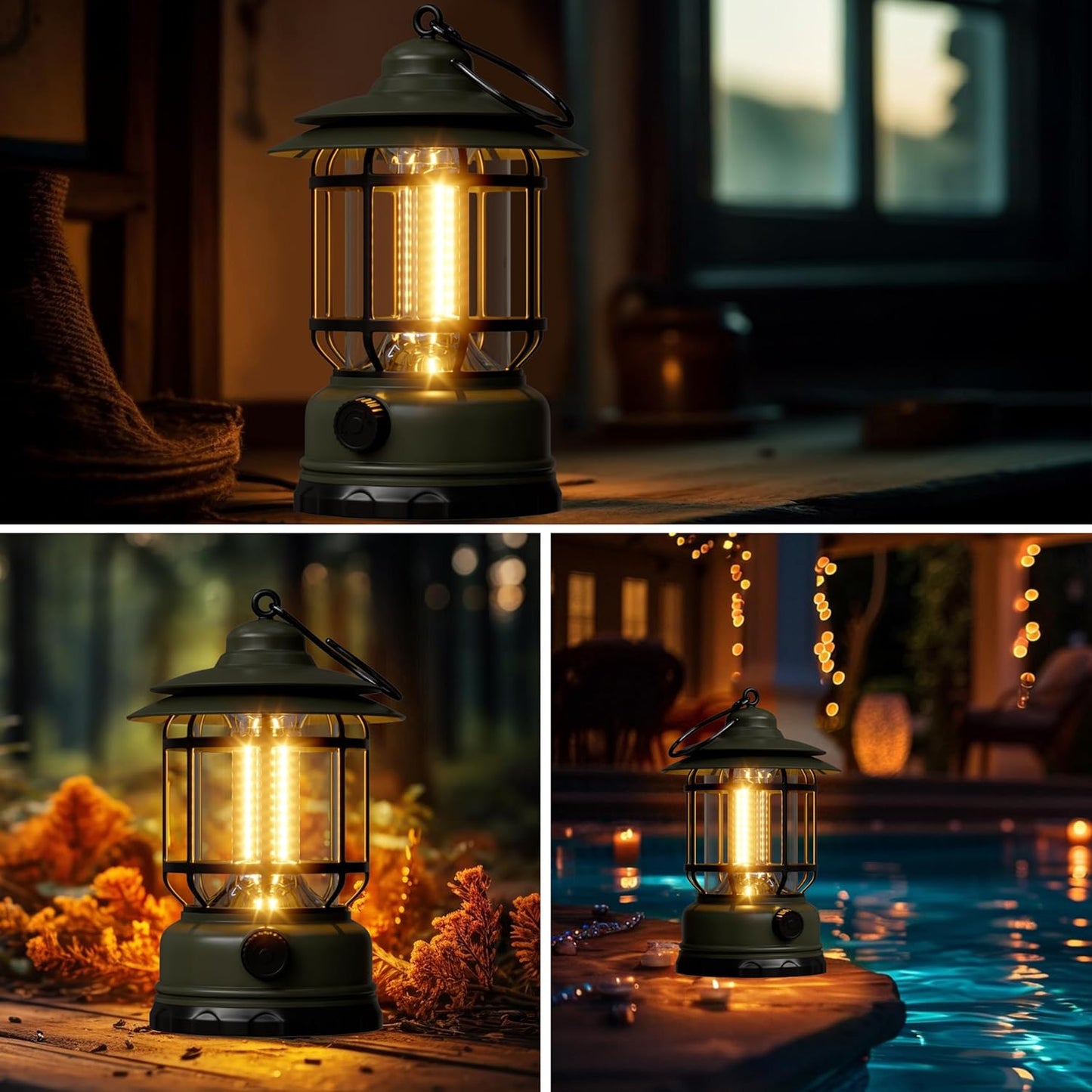 Portable LED Camping Lanterns,1500LM Step-less Dimming, Lightweight Retro Battery Powered USB Rechargeable Tent Lights,Survival Kits Flashlight for Power Outage Emergency Hiking Hurricane 3 Pack Green