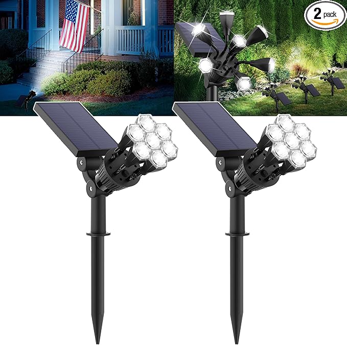 Solar Lights Outdoor Waterproof IP68, 360° Adjustable 4 Modes Solar Powered Spot Lights for Yard Garden Landscape, Bright Led Flood Lightings for Outside Wall Tree House Pathway (Cold White/2 Pack)
