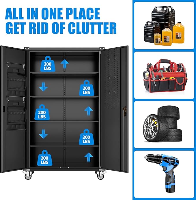 Upgraded Wide & Deep Extra Large Metal Storage Cabinet on Wheels,Lockable Garage Cabinets with 3 Pegboards,2 Tool Pouches for Garage,Office,Assembly Required,Black,43.3''W x 21.6''D x 72''H