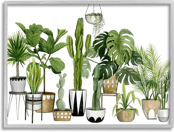 Stupell Industries Boho Plant Scene with Cacti and Succulents in Geometric Pots Watercolor Framed Giclee Art Design by Grace Popp