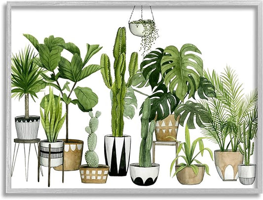 Stupell Industries Boho Plant Scene with Cacti and Succulents in Geometric Pots Watercolor Framed Giclee Art Design by Grace Popp