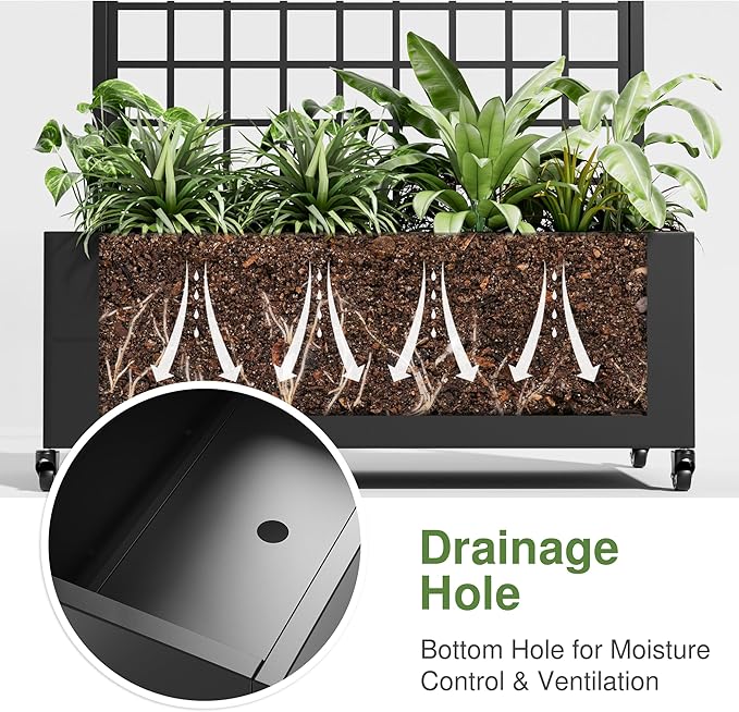 Casaphoria Metal Raised Garden Bed with Trellis and Wheels, 72"x35"x16" Arched Planter Box for Climbing Plants, Vegetables & Vines, Features Drainage Holes and Privacy Screen (Black-Grid)