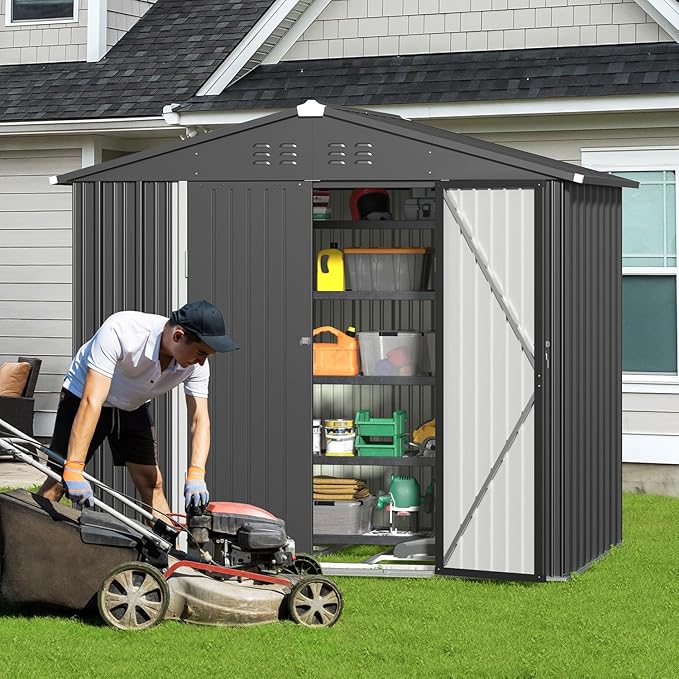 Gizoon Outdoor Storage Shed 8 x 6 FT, Galvanized Metal Garden Shed with Double Lockable Doors, Outdoor Storage Clearance for Backyard Patio Lawn-Dark Grey