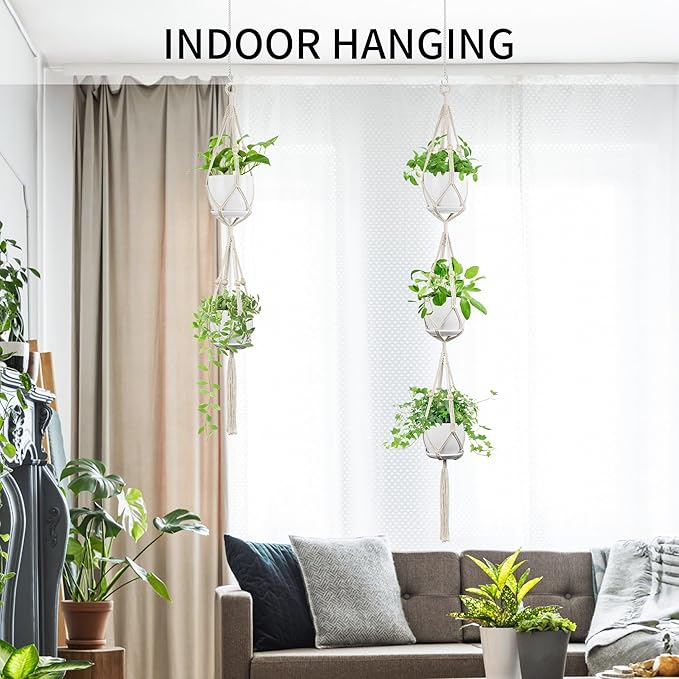 2 Pack Macrame Plant Hanger (49"&72"), Fits 4-8" Pots, 2 Tier+3 Tier Indoor Outdoor Hanging Planter Basket Flower Pot Holder, Boho Home Decor, Ivory (POTS NOT Included)