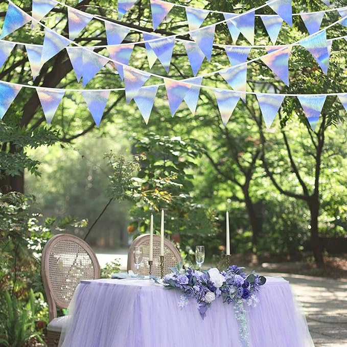 33Ft Iridescent Party Decoration Holographic Fabric Triangle Pennant Banner Flag Cotton Bunting Garland for Birthday Wedding Bridal Shower Bachelorette Engagement Disco Euphoria Galaxy Party Supplies