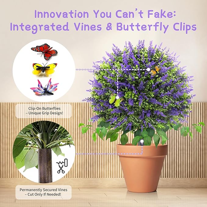 28" Artificial Boxwood Topiary Ball with Lavender, UV Resistant Topiary Tree Faux Boxwood Ball Shaped Porch Bushes with Ground Spike Artificial Bushes for Outdoors Front Door Decor Home Garden