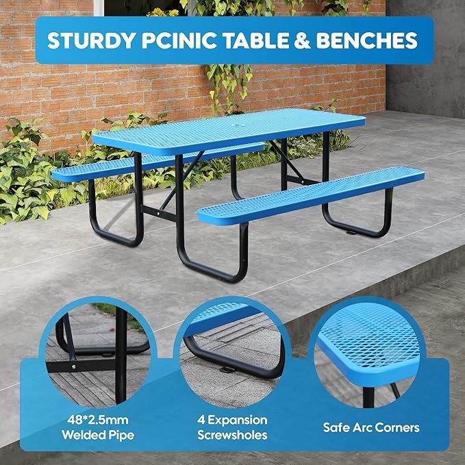 6FT Metal Picnic Tables for Outdoors, Commercial Rectangular Picnic Table and Bench Set for Outside, Patio, Garden, Backyard, Porch, Surface Mount, Blue