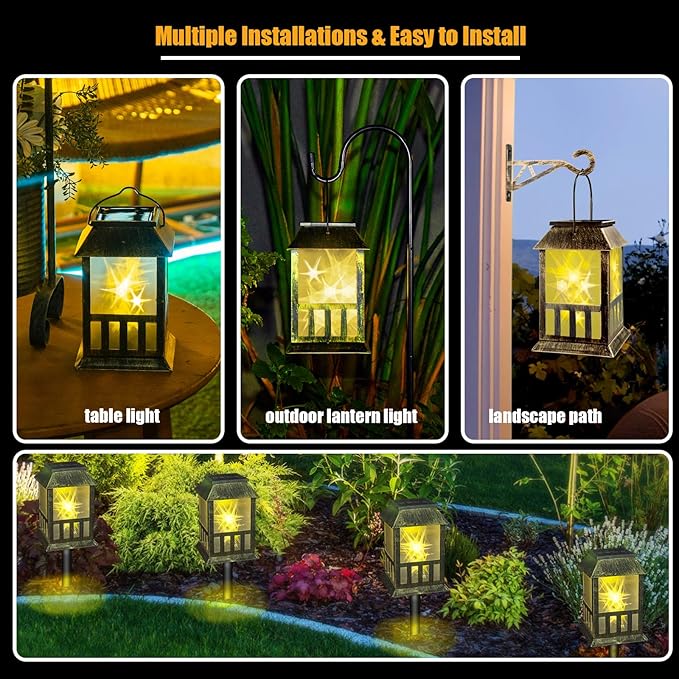 Solar Lanterns Outdoor Waterproof, 3D Star Light with Flashing Mode, Solar & USB C Charging, Metal Hanging Lantern for Wall Landscape Yard Patio Driveway Garden Decor, Warm Light 2 Pack