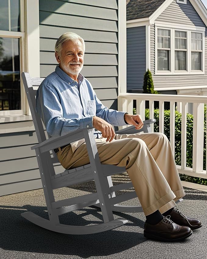 SERWALL Oversized Outdoor Rocking Chair Set of 4, HDPE Rocker for Adults, Patio Rocking Chairs for Porch, Sliver Gray