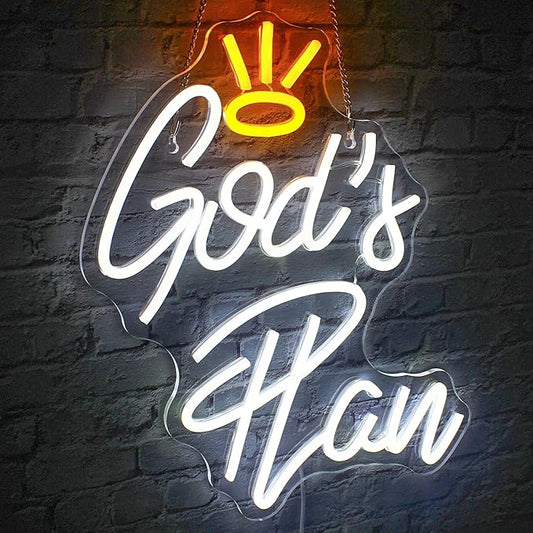 WLHOPE God's Plan Neon Sign White Led Neon Signs for Wall Decor, God Neon Signs USB Powered Letter Neon Light Signs for Bedroom Living Room Home Bar Wedding Party Decoration