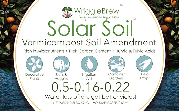 Solar Soil Vermicompost Soil Amendment from Earthworm Castings. All Purpose Plant Food and Soil Enhancer for Gardens, Vegetables, Fruits, Houseplants. 5lb Bag. Mix with Potting Soil.