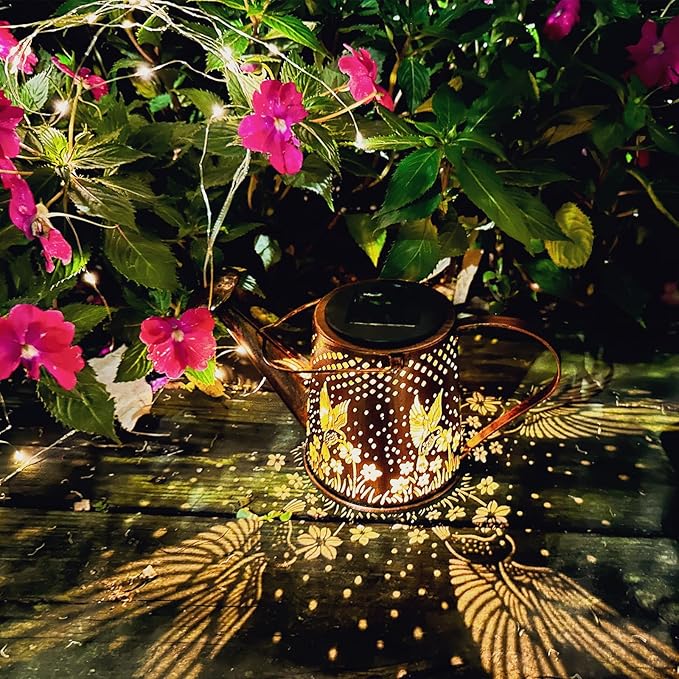 Solar Watering Can Outdoor Lights Garden Decor,Hummingbird Hanging Lantern Waterproof Landscape Lights Outside Decoration for Yard Porch Patio Pathway Gardening Gifts(with 32 inch Shepherd Hook)