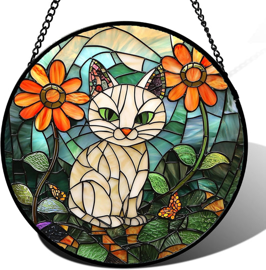 Stained Glass Window Hanging - White Cat Green Plants Orange Flowers Sun Catcher for Door Garden Home Decor Suncatcher Christmas Mother's Day Birthday Gifts for Women Men Mom Nana 15 in
