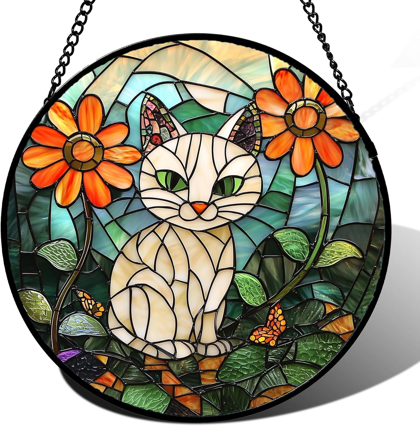 Stained Glass Window Hanging - White Cat Green Plants Orange Flowers Sun Catcher for Door Garden Home Decor Suncatcher Christmas Mother's Day Birthday Gifts for Women Men Mom Nana 11.8 in