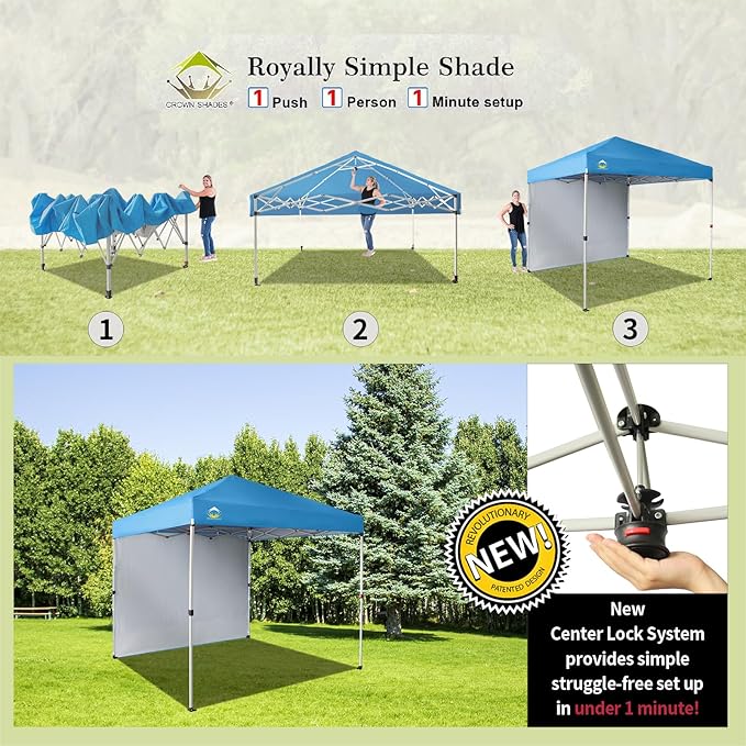 CROWN SHADES 8x8 Pop Up Canopy with 1 Side Wall - Beach Tent with One Push Setup - Outdoor Sun Shade for Events, Parties, Camping - Gazebo with STO-N-Go Cover Bag (Sky Blue)